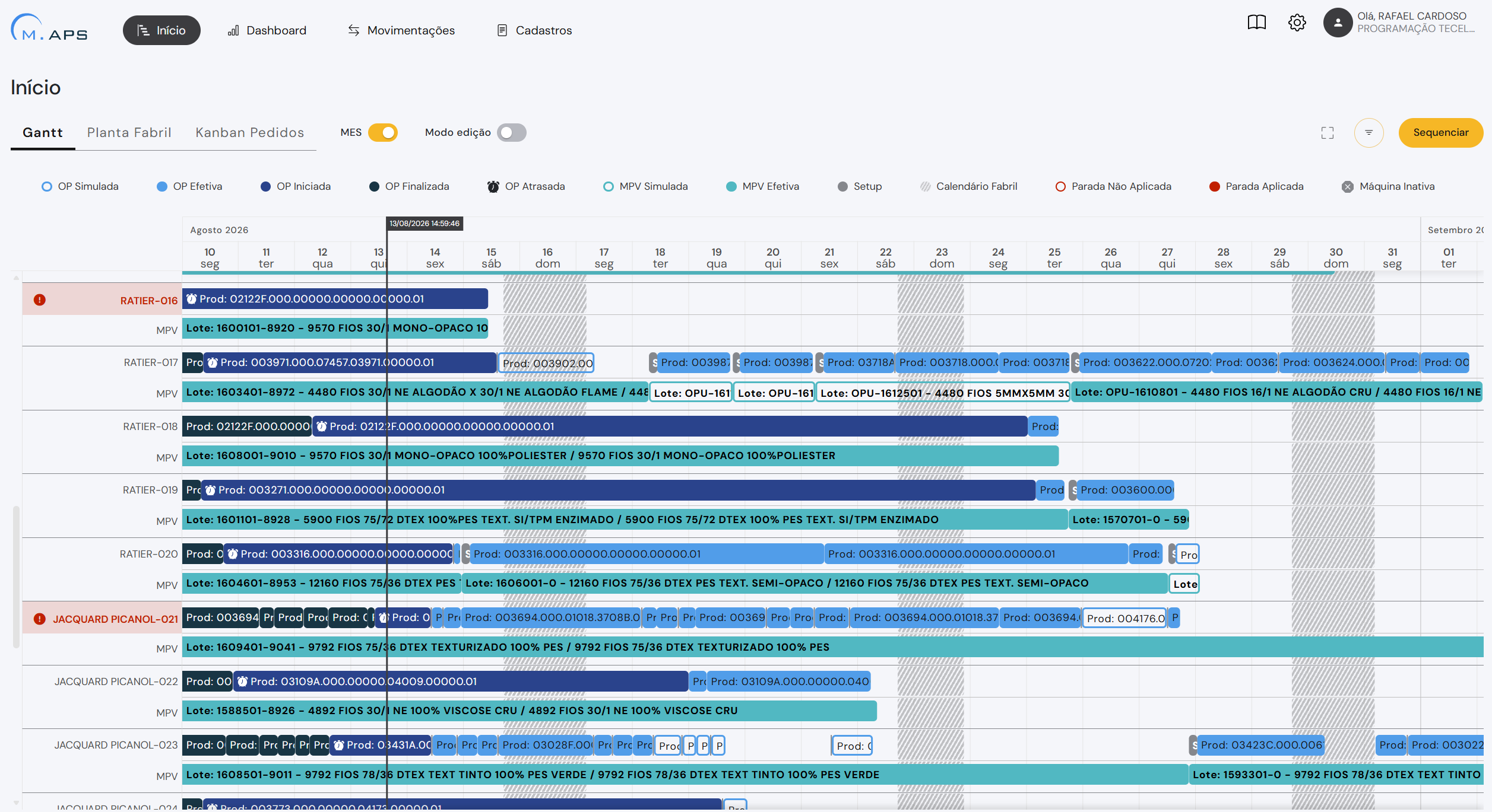 Tela de sequenciamento M.APS em gráfico de Gantt